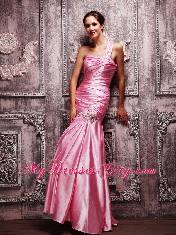 One Shoulder Ruching Beaded Rose Pink Prom Dresses for Women