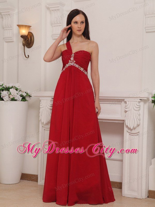 One Shoulder Empire Rhinestones Red Chiffon Prom Dresses