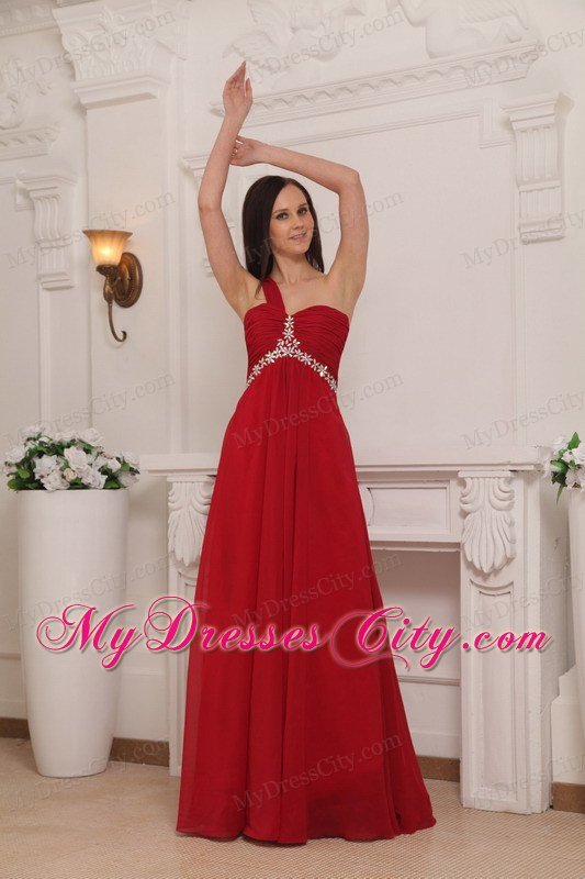 One Shoulder Empire Rhinestones Red Chiffon Prom Dresses