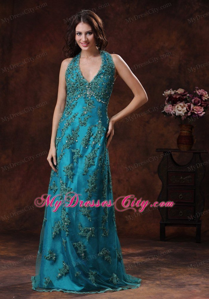 Unique Appliques Halter Neck 2013 Teal Prom Dresses for Ladies