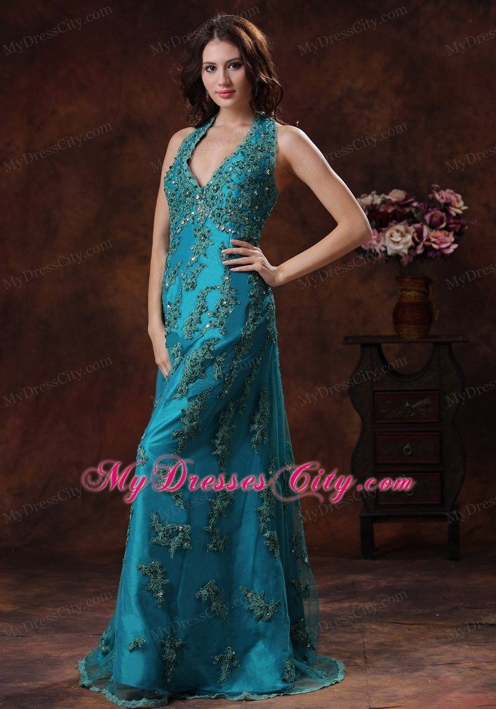 Unique Appliques Halter Neck 2013 Teal Prom Dresses for Ladies