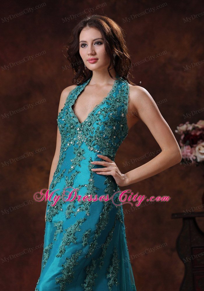 Unique Appliques Halter Neck 2013 Teal Prom Dresses for Ladies