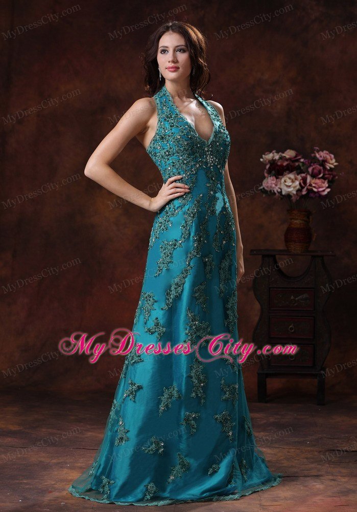 Unique Appliques Halter Neck 2013 Teal Prom Dresses for Ladies