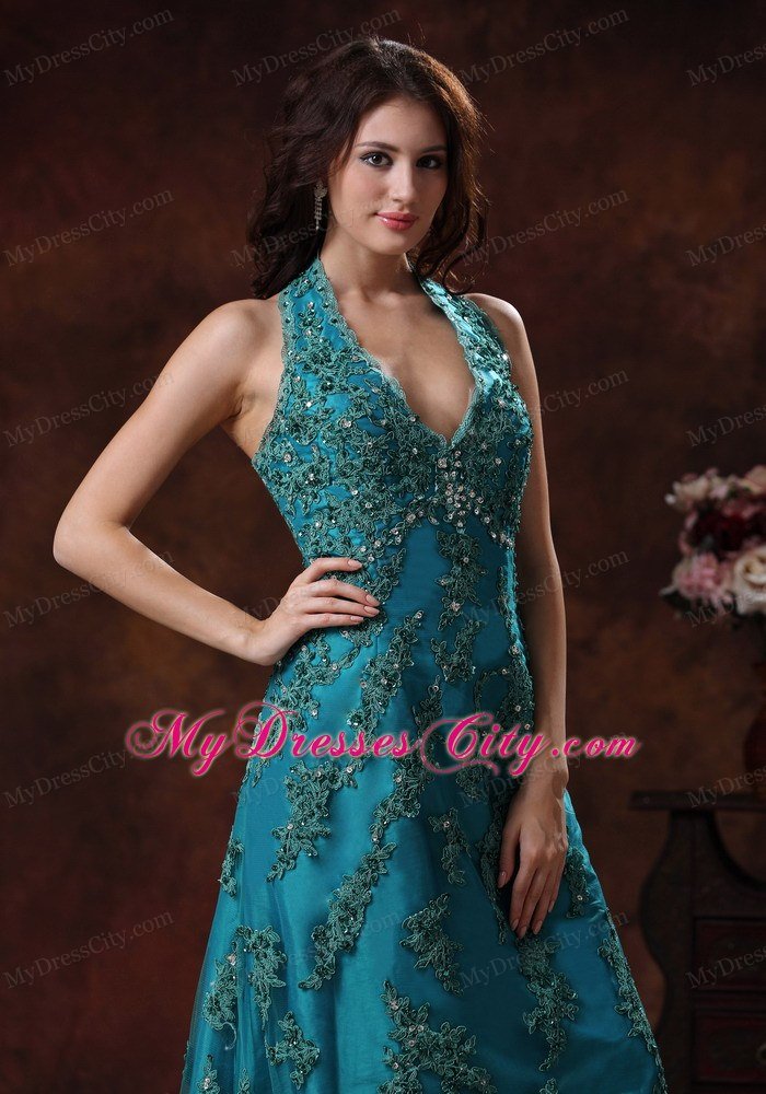 Unique Appliques Halter Neck 2013 Teal Prom Dresses for Ladies