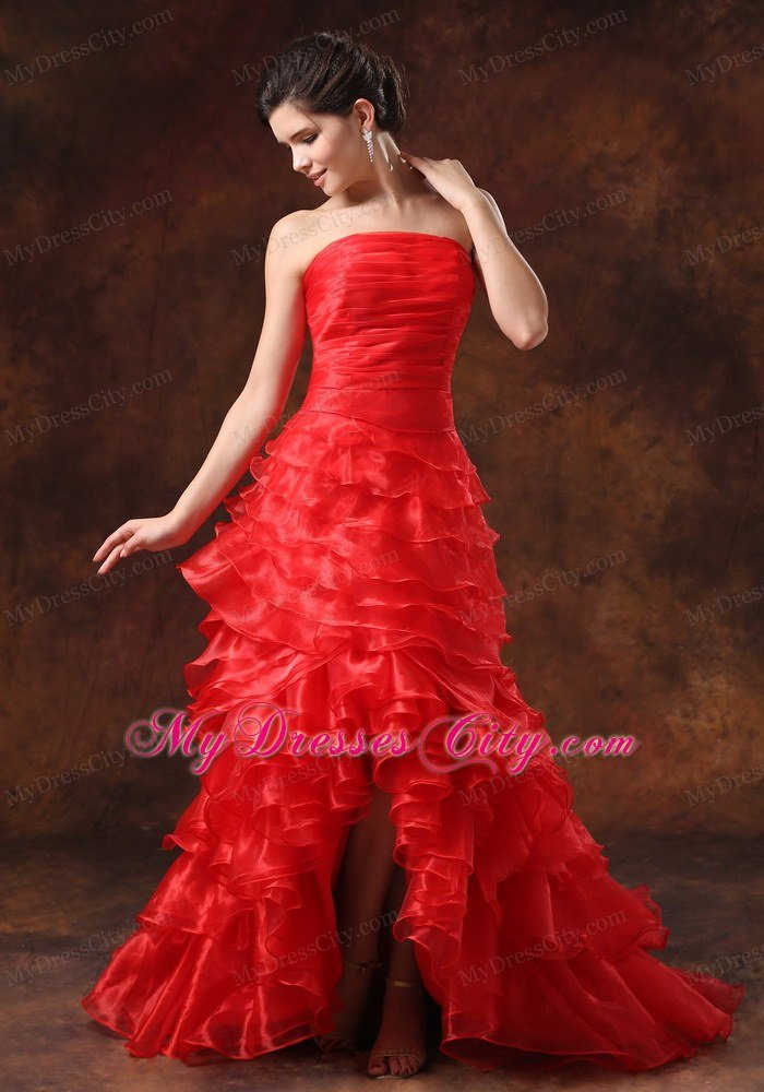 New Style Ruched Strapless Red Prom Dresses with Ruffled Layers