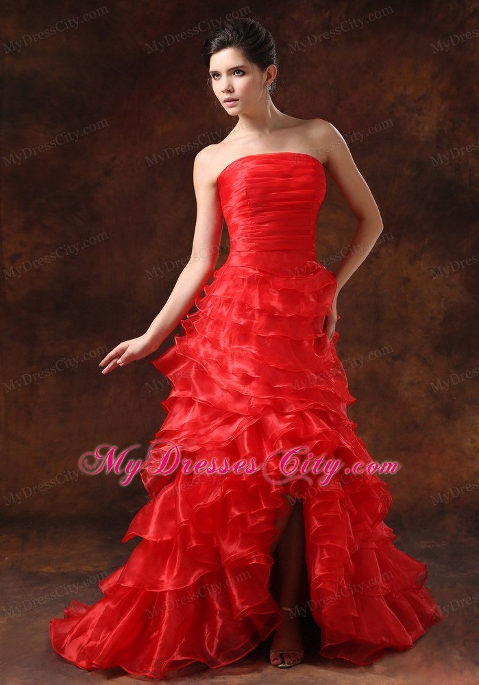 New Style Ruched Strapless Red Prom Dresses with Ruffled Layers