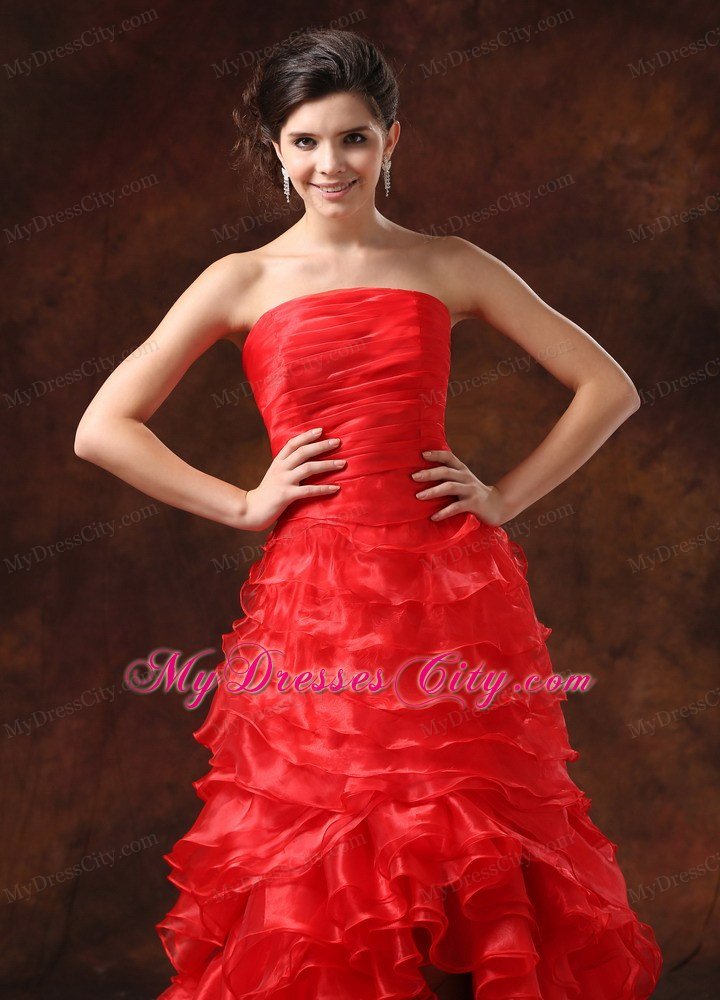 New Style Ruched Strapless Red Prom Dresses with Ruffled Layers