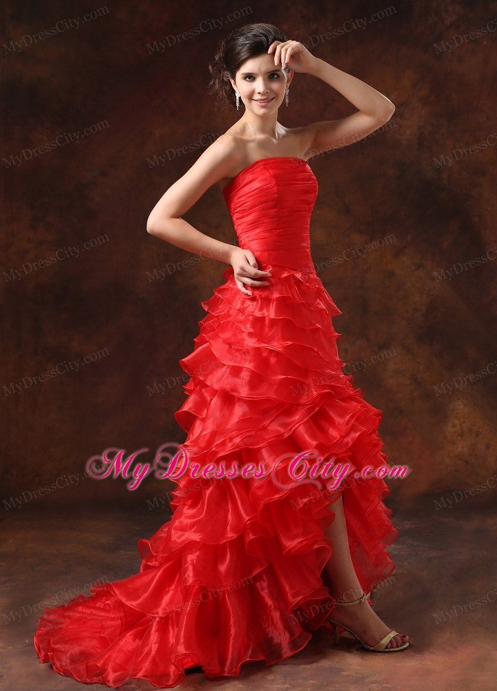 New Style Ruched Strapless Red Prom Dresses with Ruffled Layers