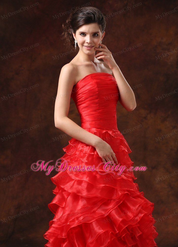 New Style Ruched Strapless Red Prom Dresses with Ruffled Layers