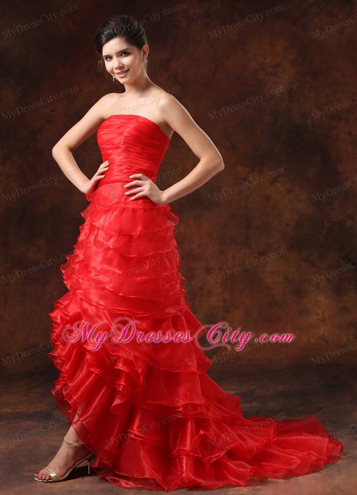 New Style Ruched Strapless Red Prom Dresses with Ruffled Layers