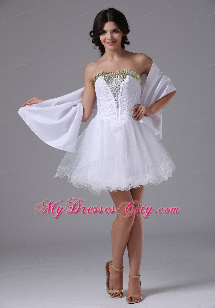 Pretty Strapless Beaded White Organza Short Prom Dresses for Cheap