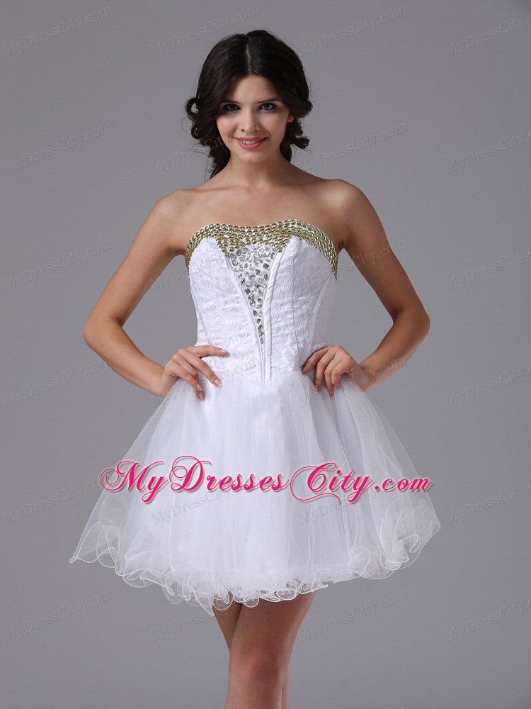 Pretty Strapless Beaded White Organza Short Prom Dresses for Cheap