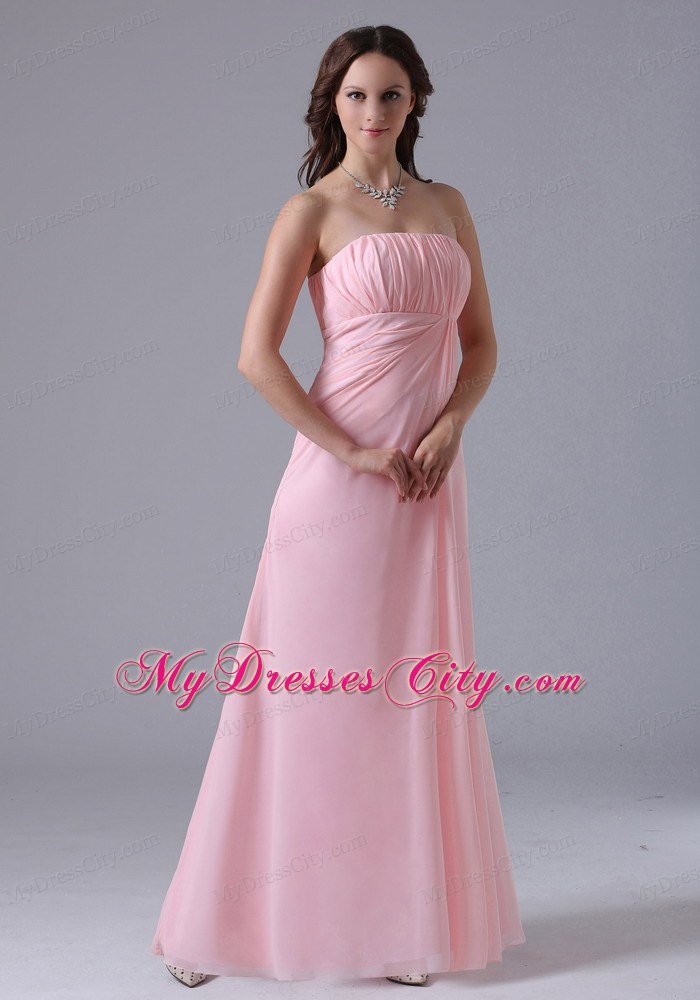 Simple Strapless Ruched Chiffon Baby Pink Prom Dresses for Girls