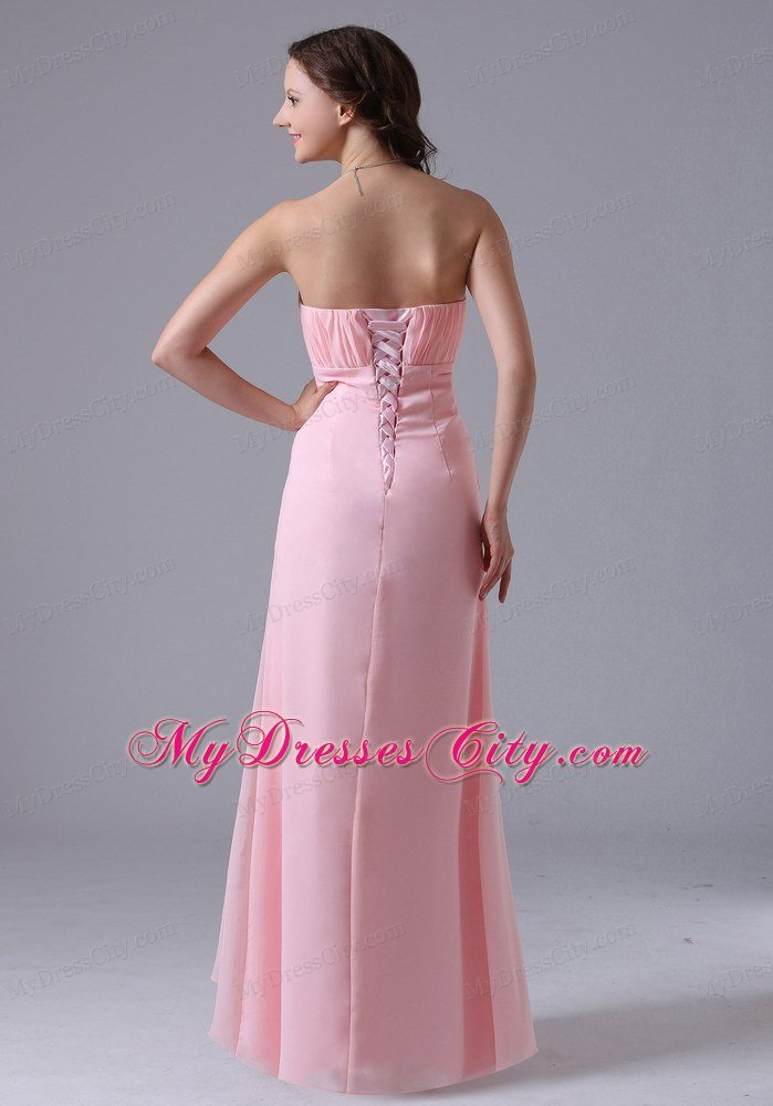 Simple Strapless Ruched Chiffon Baby Pink Prom Dresses for Girls