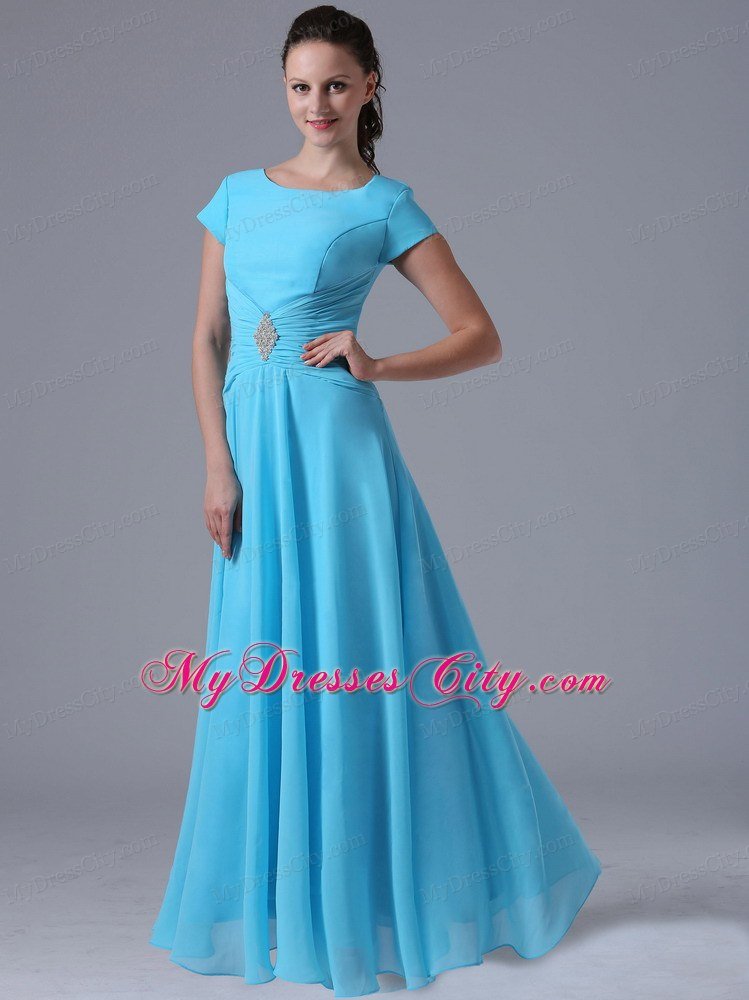 Scoop Beaded Ruching Aqua Blue Prom Gowns With Short Sleeves