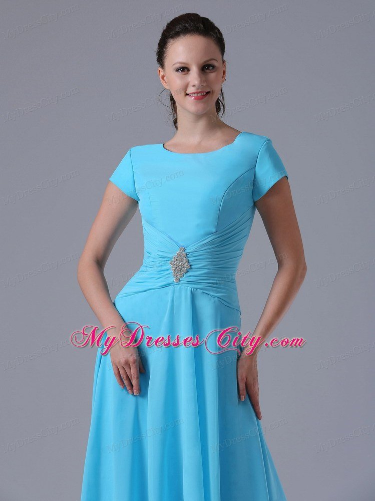 Scoop Beaded Ruching Aqua Blue Prom Gowns With Short Sleeves