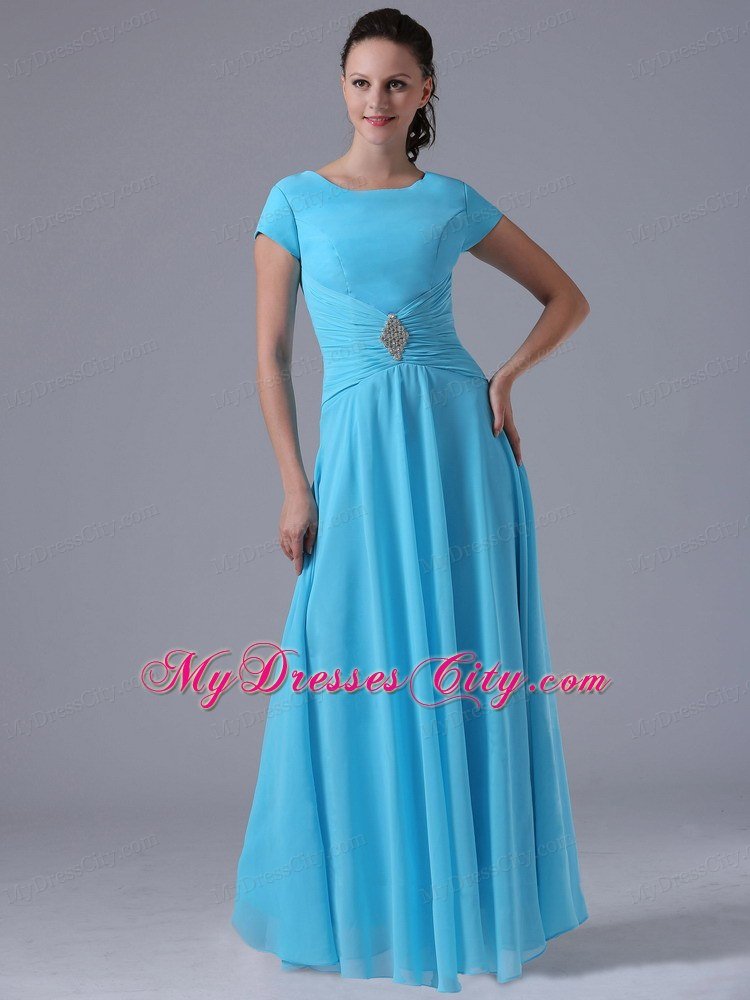 Scoop Beaded Ruching Aqua Blue Prom Gowns With Short Sleeves