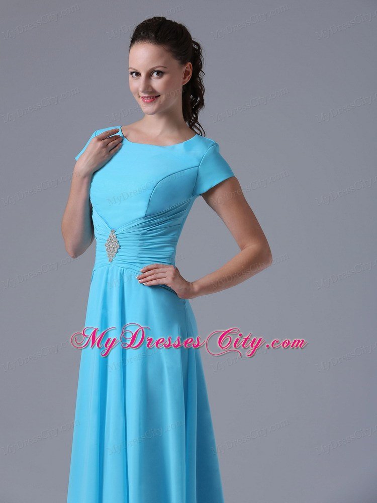 Scoop Beaded Ruching Aqua Blue Prom Gowns With Short Sleeves