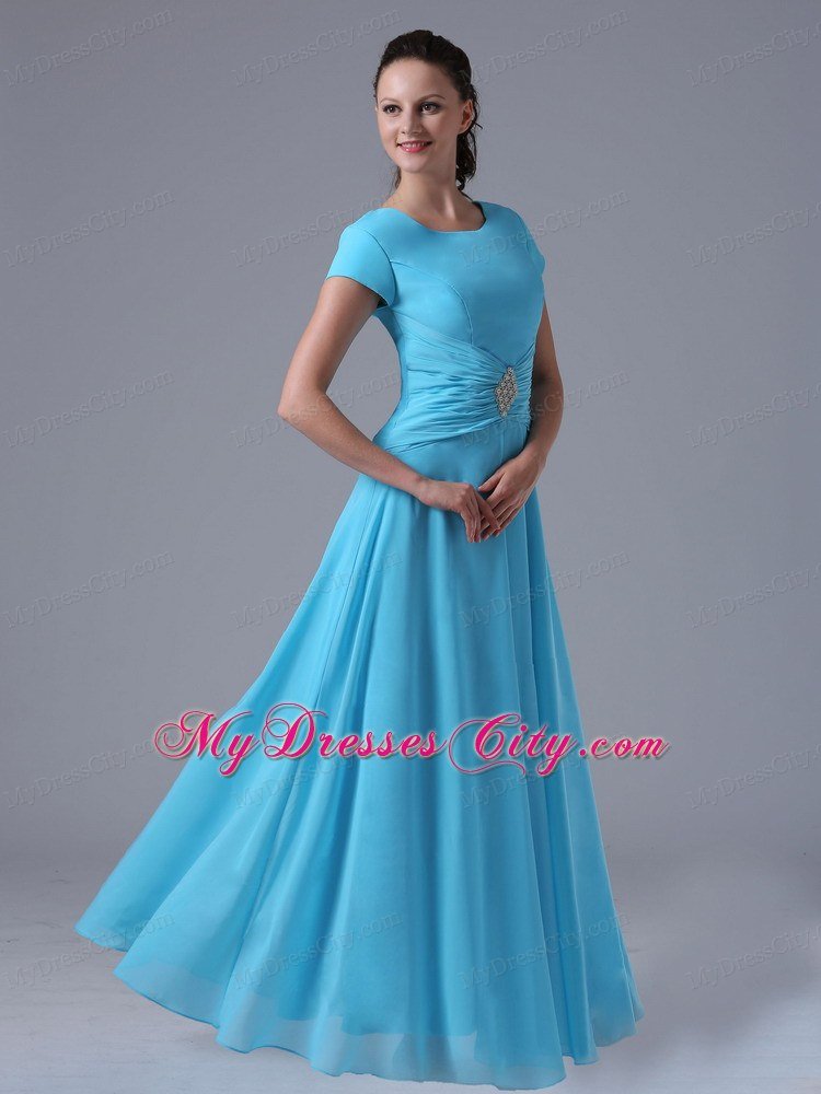 Scoop Beaded Ruching Aqua Blue Prom Gowns With Short Sleeves