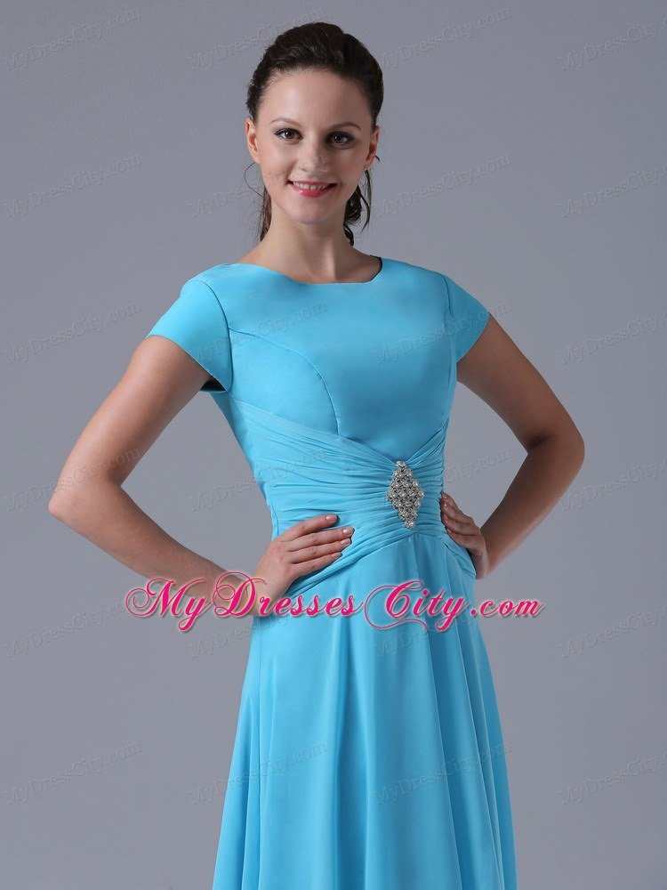 Scoop Beaded Ruching Aqua Blue Prom Gowns With Short Sleeves