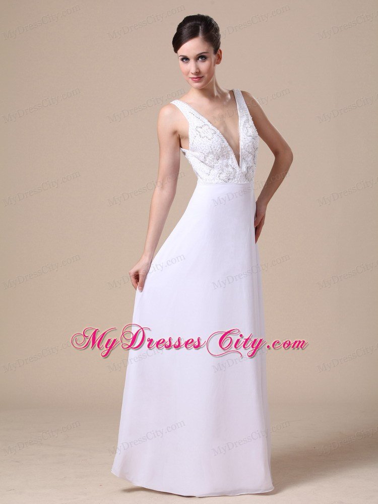 Empire V-neck Beaded Chiffon White Prom Dresses for Ladies