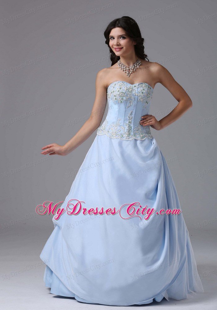 Appliques A-line Sweetheart Light Blue Prom Gowns for Women