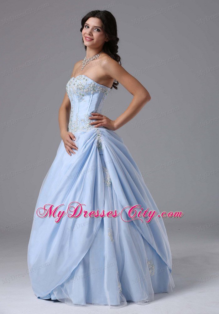 Appliques A-line Sweetheart Light Blue Prom Gowns for Women