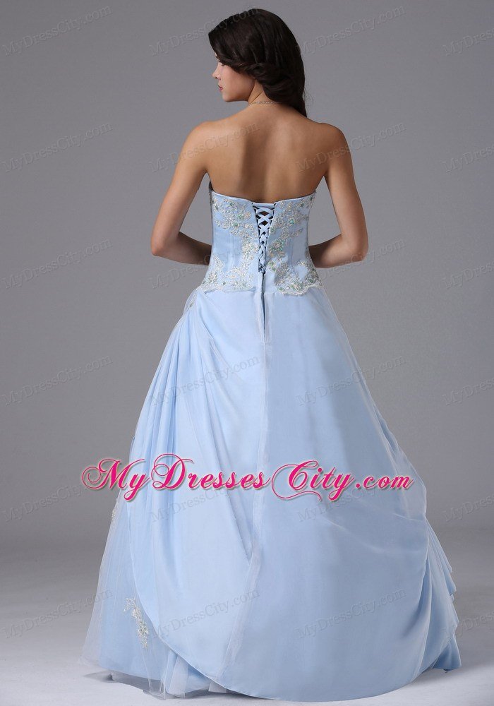 Appliques A-line Sweetheart Light Blue Prom Gowns for Women