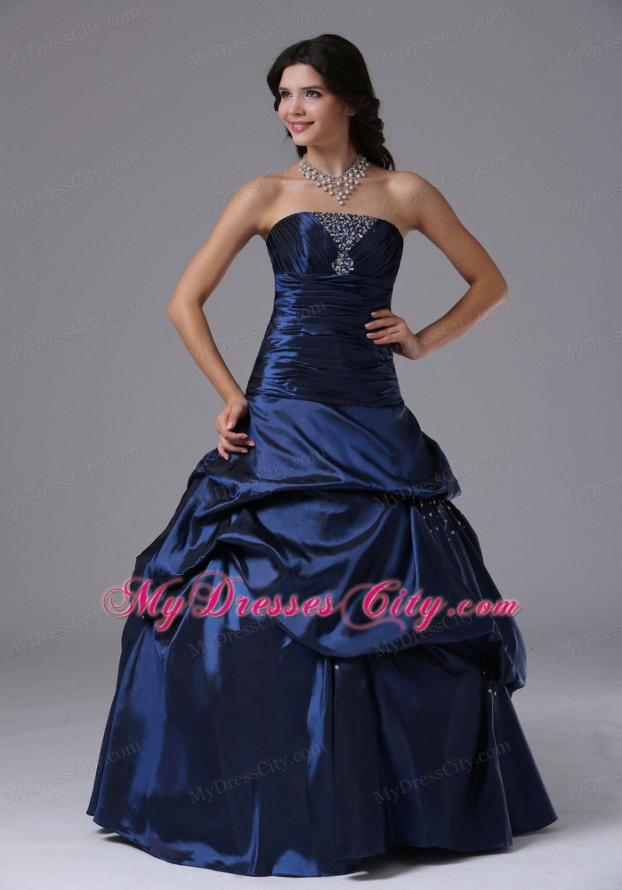 Beaded Strapless Ruching Navy Blue Prom Gowns with Pick Ups