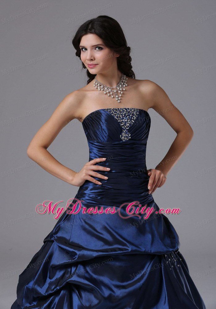 Beaded Strapless Ruching Navy Blue Prom Gowns with Pick Ups