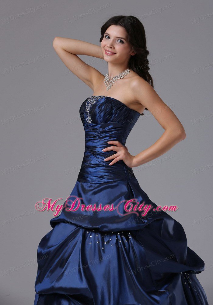 Beaded Strapless Ruching Navy Blue Prom Gowns with Pick Ups