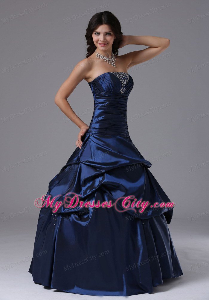 Beaded Strapless Ruching Navy Blue Prom Gowns with Pick Ups