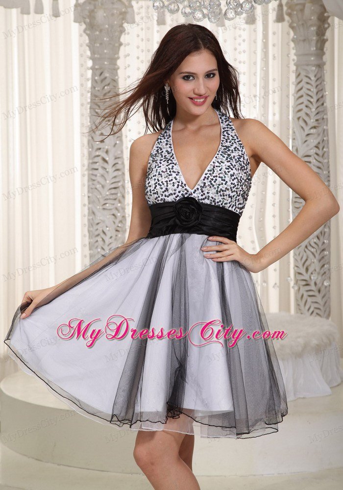 Black Flower Belt Beaded Halter 2013 Prom Dresses for Girls