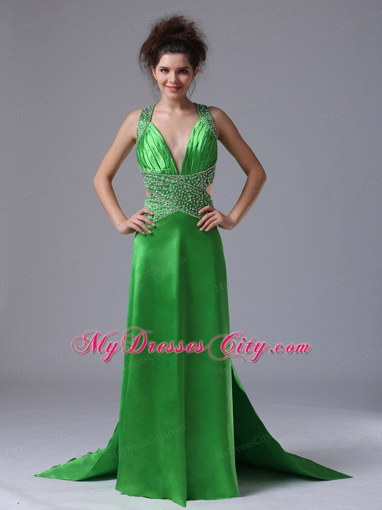 V-neck Watteau Criss Cross Back Prom Dress with Side Cut Out