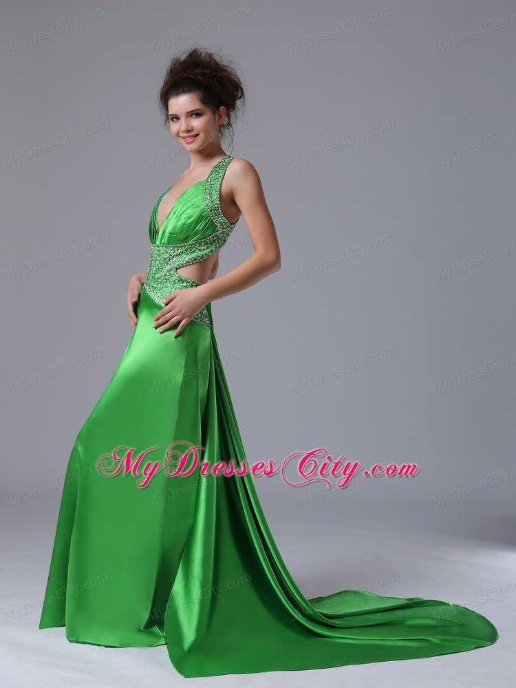 V-neck Watteau Criss Cross Back Prom Dress with Side Cut Out