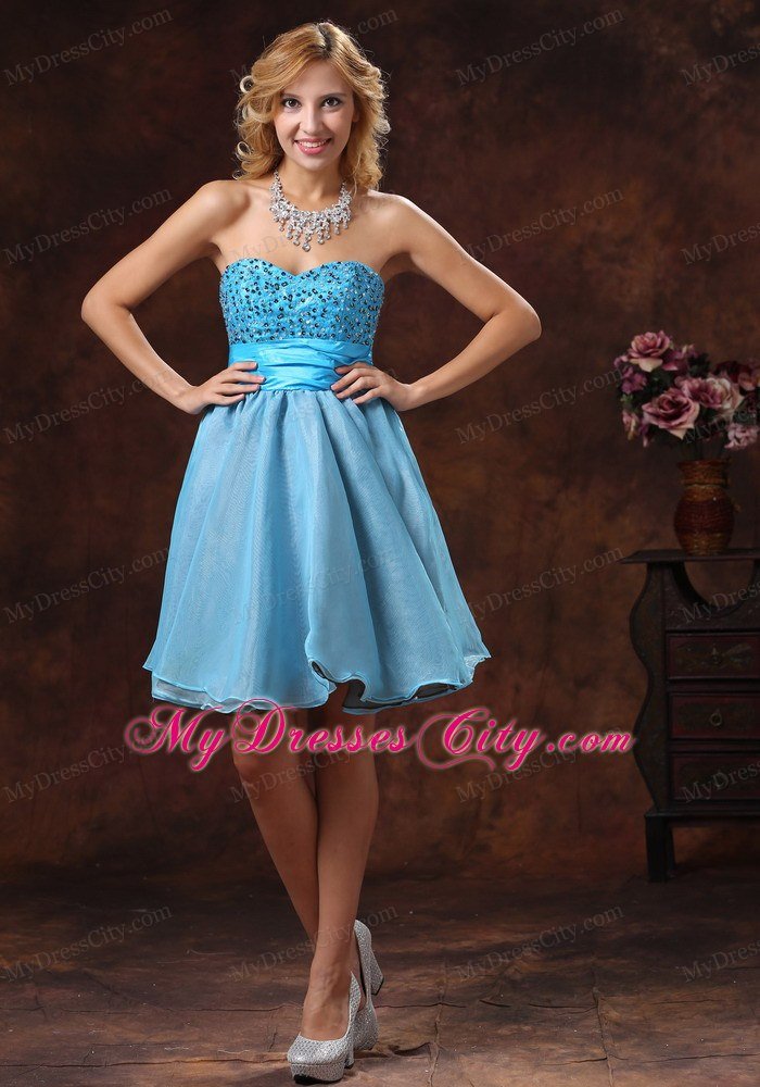 Beaded Organza Sweetheart Baby Blue Short Prom Dresses