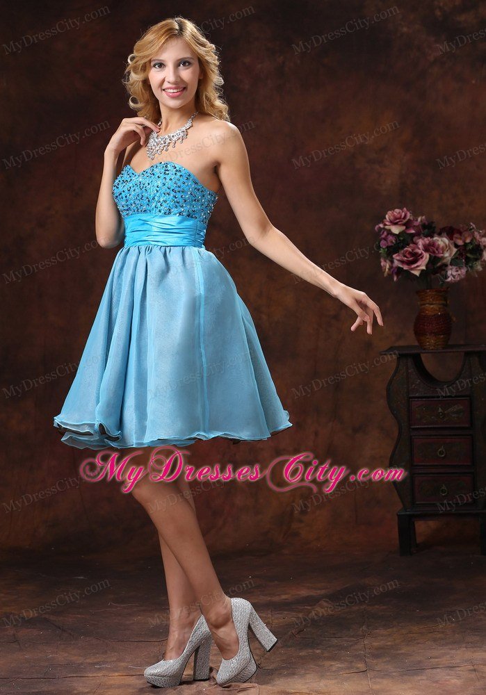 Beaded Organza Sweetheart Baby Blue Short Prom Dresses