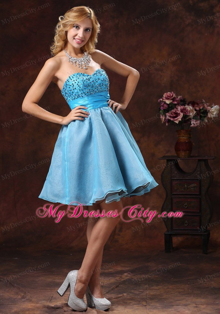 Beaded Organza Sweetheart Baby Blue Short Prom Dresses