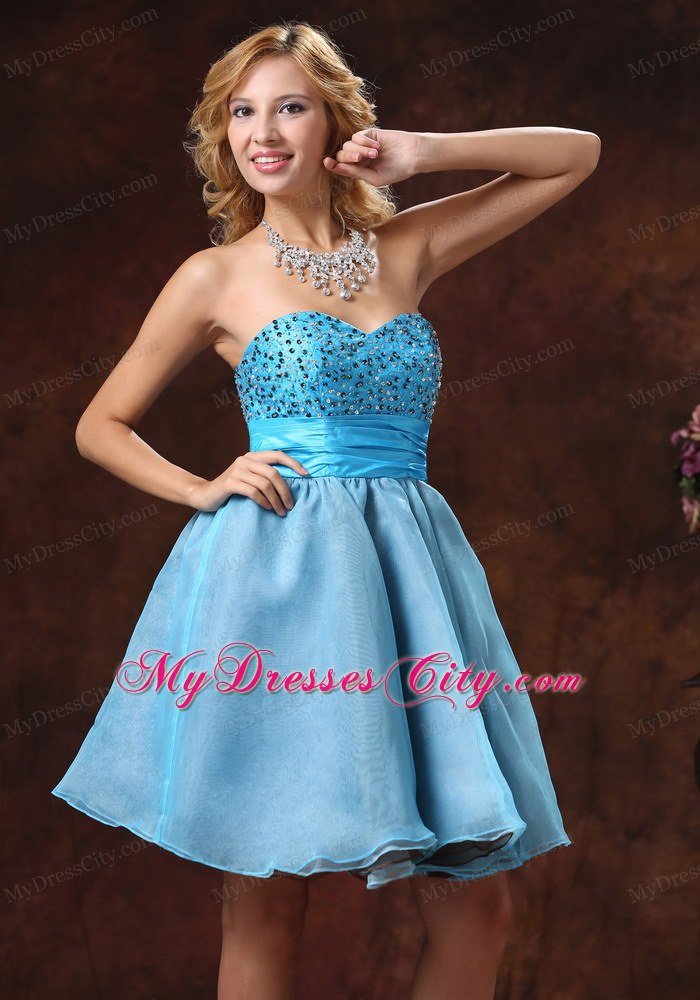 Beaded Organza Sweetheart Baby Blue Short Prom Dresses