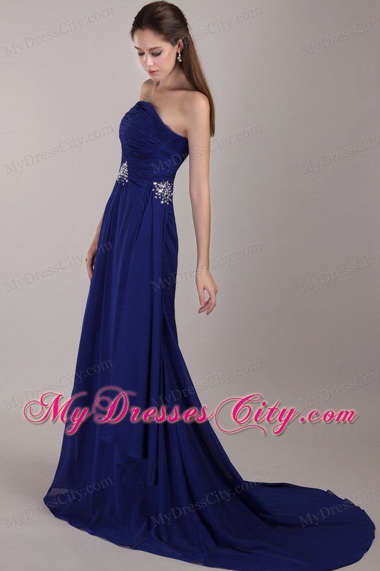 Peacock Blue Strapless Court Train Beading Ruches Dress For Prom