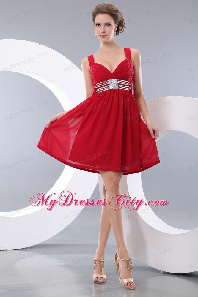 Red Empire Straps Chiffon Beading Short Prom Cocktail Dress