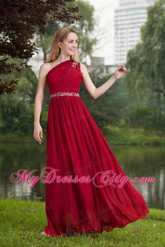 Wine Red Empire One Shoulder Beading Prom Graduation Dress