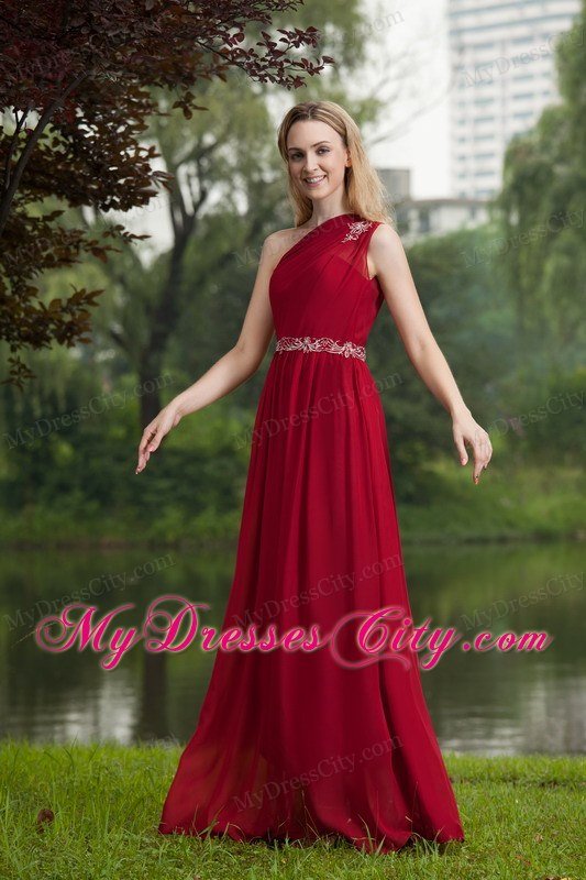 Wine Red Empire One Shoulder Beading Prom Graduation Dress