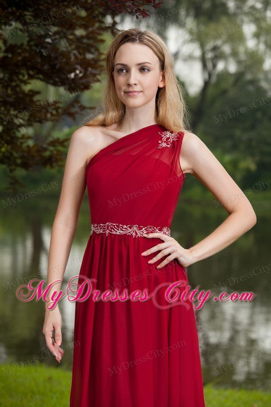 Wine Red Empire One Shoulder Beading Prom Graduation Dress