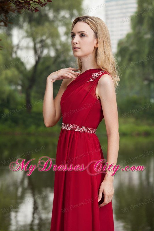 Wine Red Empire One Shoulder Beading Prom Graduation Dress