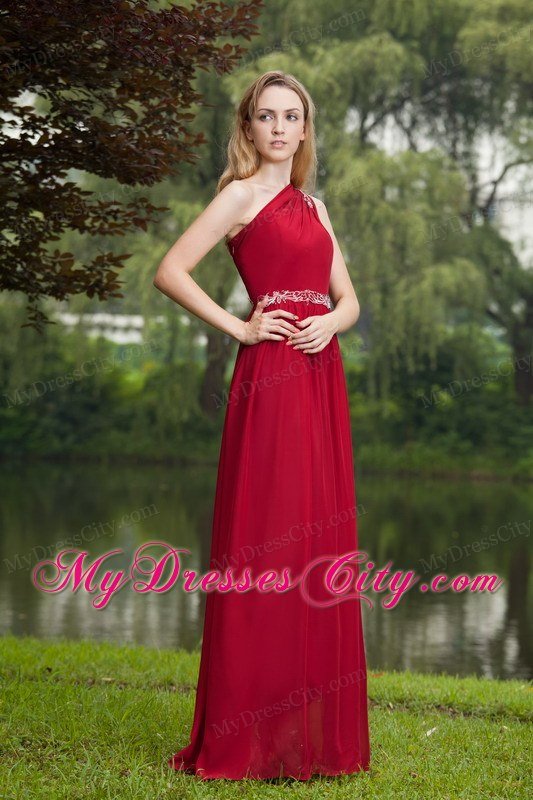 Wine Red Empire One Shoulder Beading Prom Graduation Dress