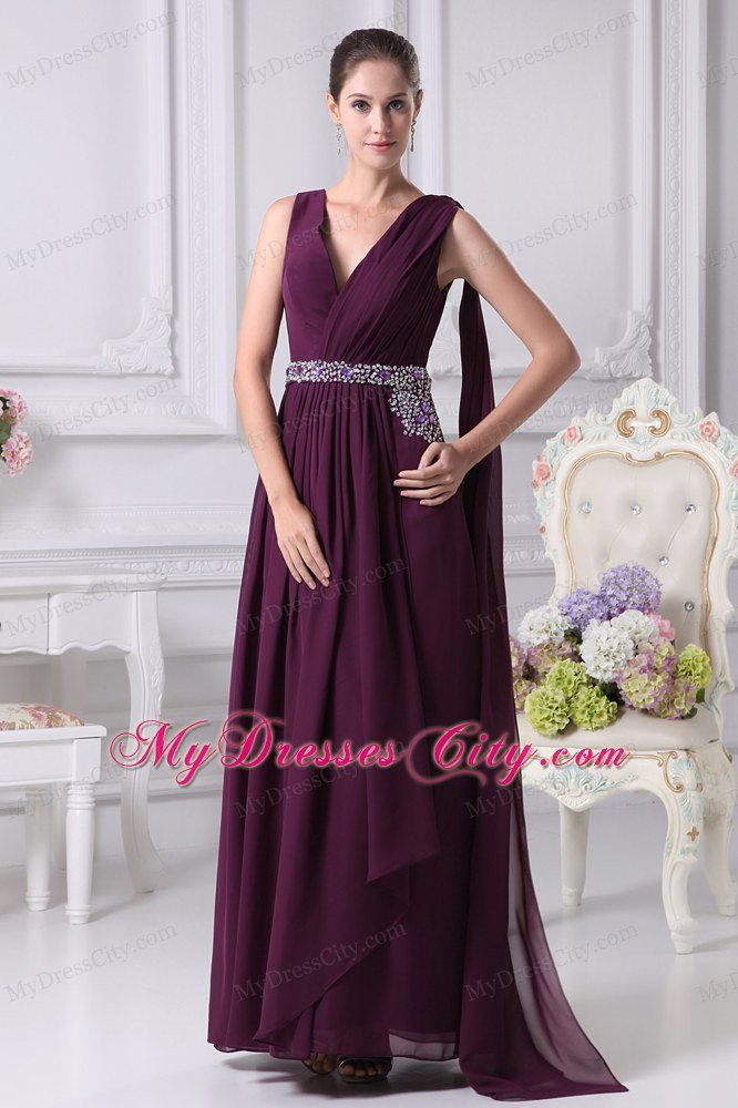 2013 V-neck Watteau Train Dark Purple Dress For Prom in Party