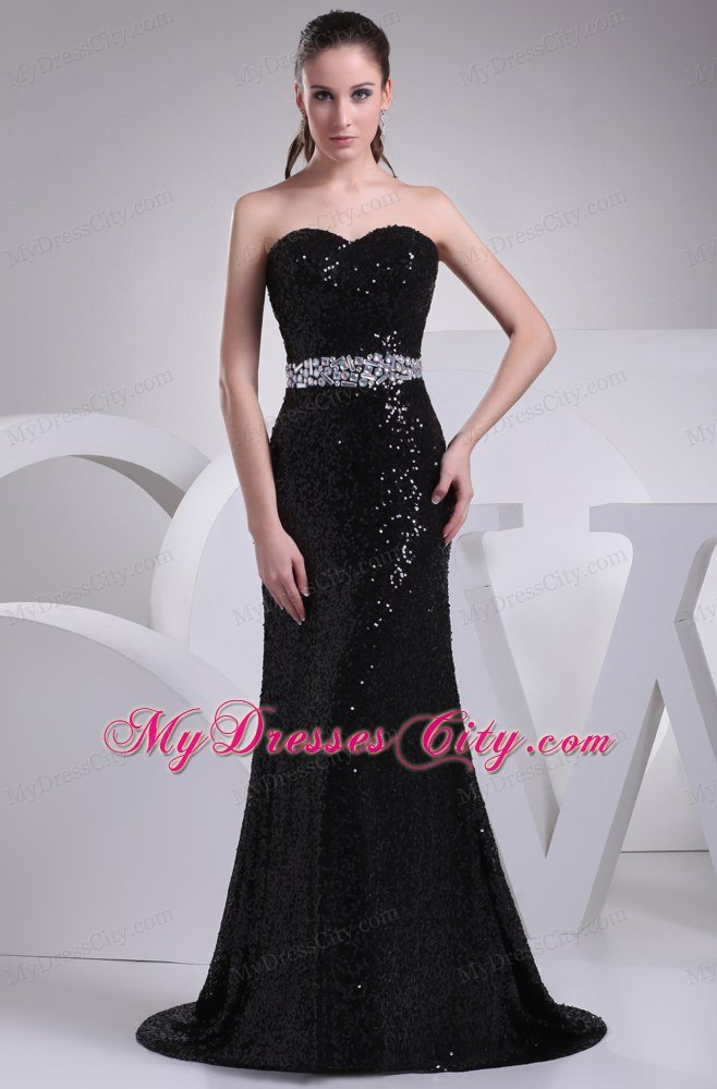 Black Sequin Sweetheart Brush Train Prom Evening Dress for Party