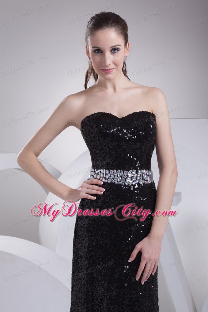 Black Sequin Sweetheart Brush Train Prom Evening Dress for Party