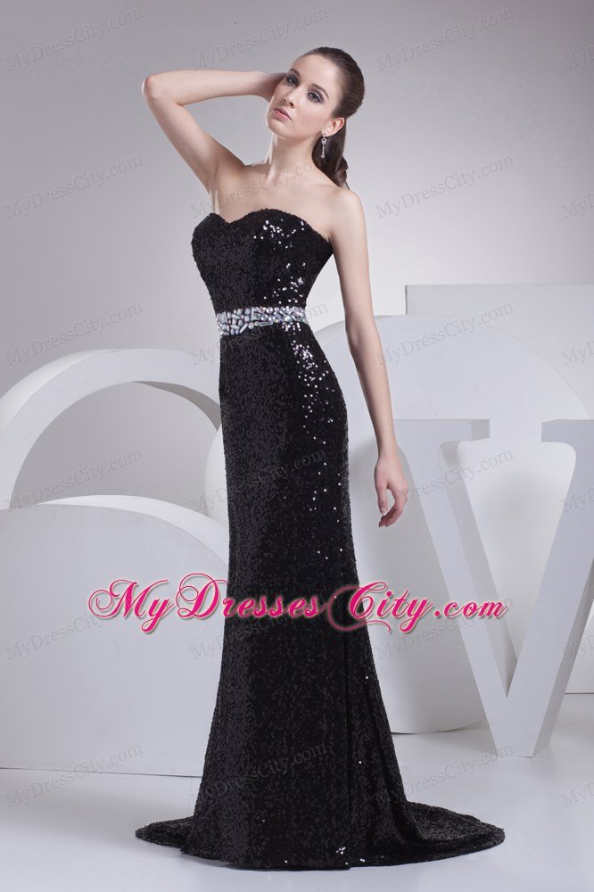 Black Sequin Sweetheart Brush Train Prom Evening Dress for Party